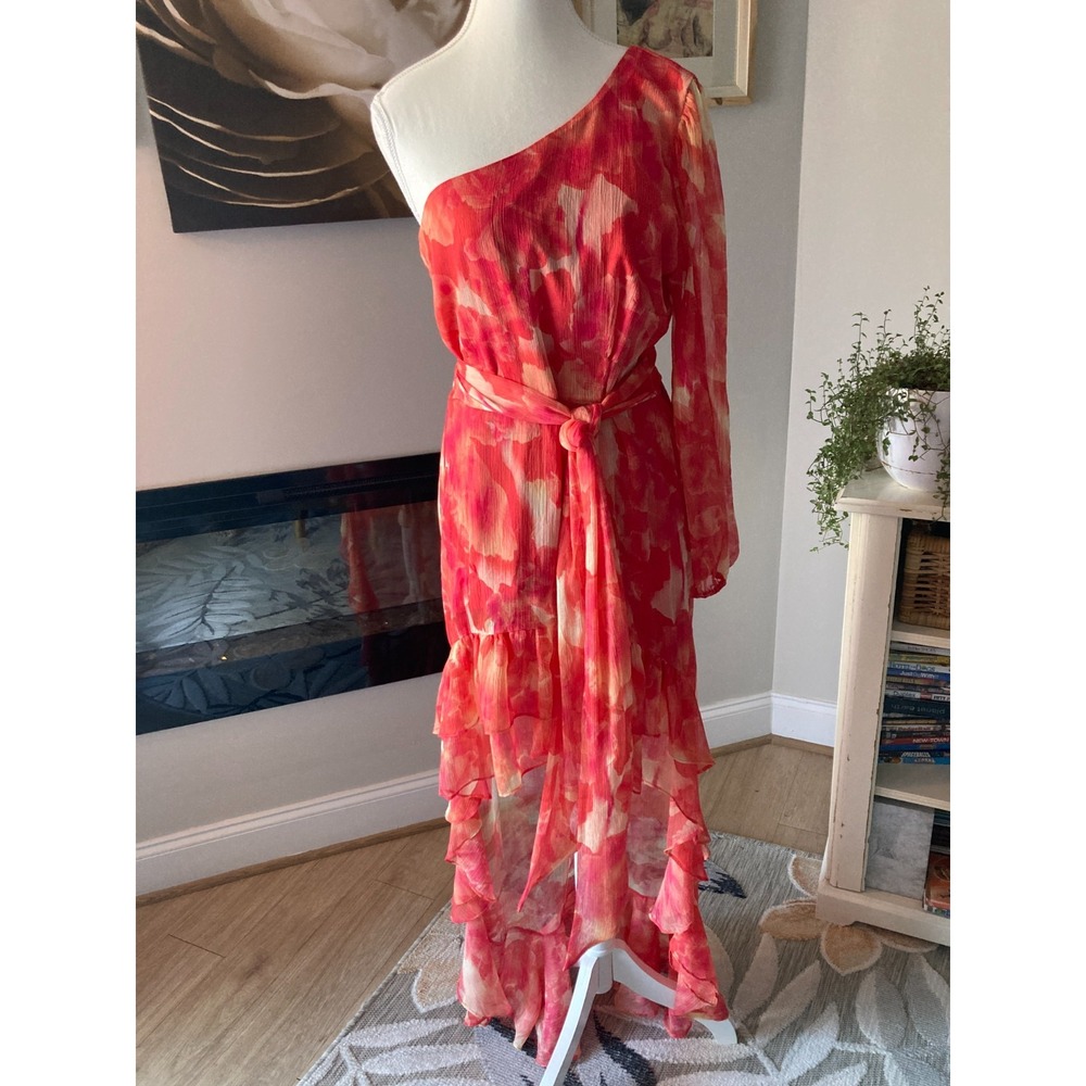 Gianni Bini Chiffon One Shoulder Dress 10 Red Watercolor Floral Hi Low Ruffles